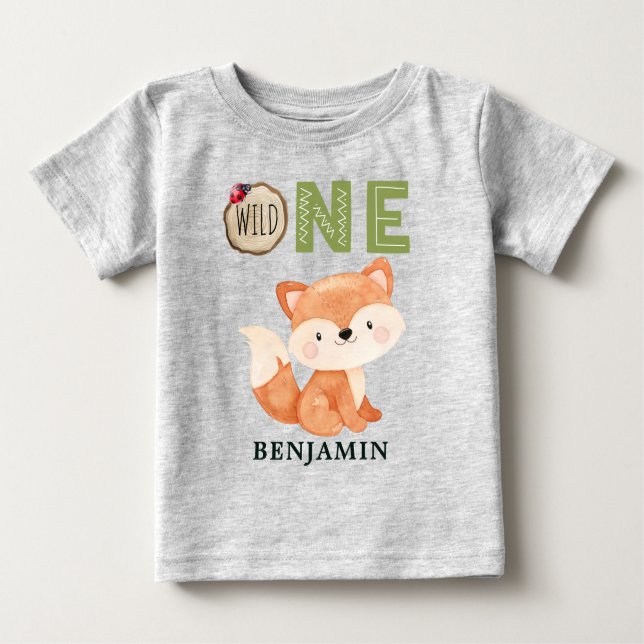 Personalised Fox WILD ONE Woodland First Birthday Baby T-Shirt (Front)