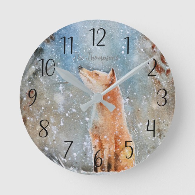 Personalised Fox Winter Scene Round Clock (Front)