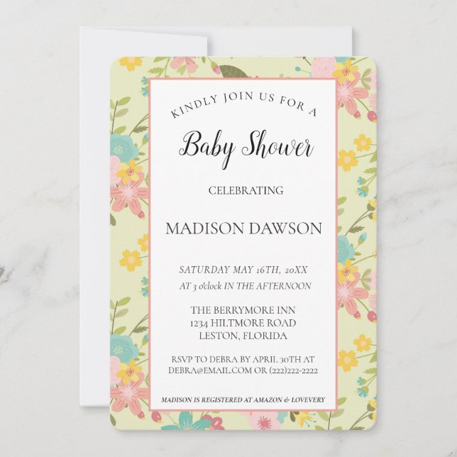 Personalised Framed Yellow Pink Green Florals Invitation (Front)