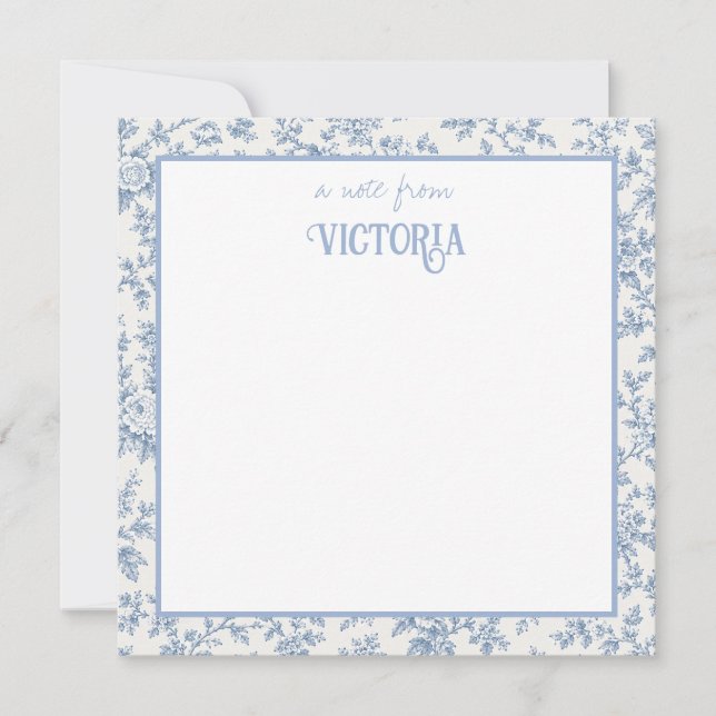 Personalised French Blue Toile Flat Note Card (Front)