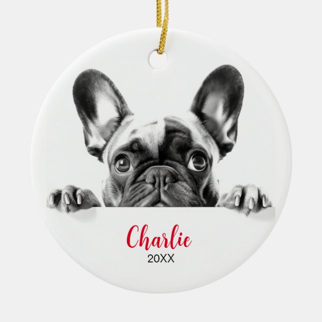 Personalised French Bulldog Peeking Ceramic Tree Decoration (Front)