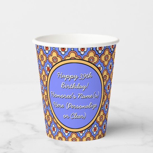 Personalised French Country Tile Blue Yellow Paper Cups (Front)