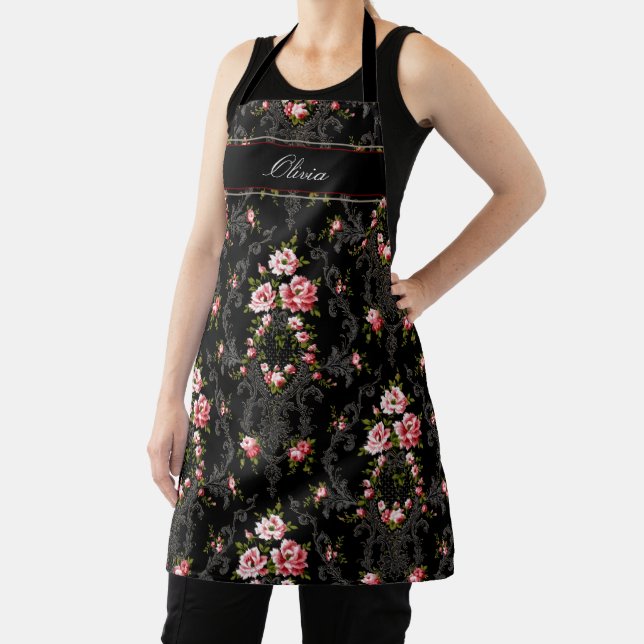 Personalised French Rococo Floral-Black Background Apron (Insitu)