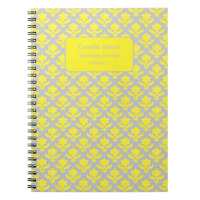 Personalised French Tapestry Yellow and Grey Notebook (Front)