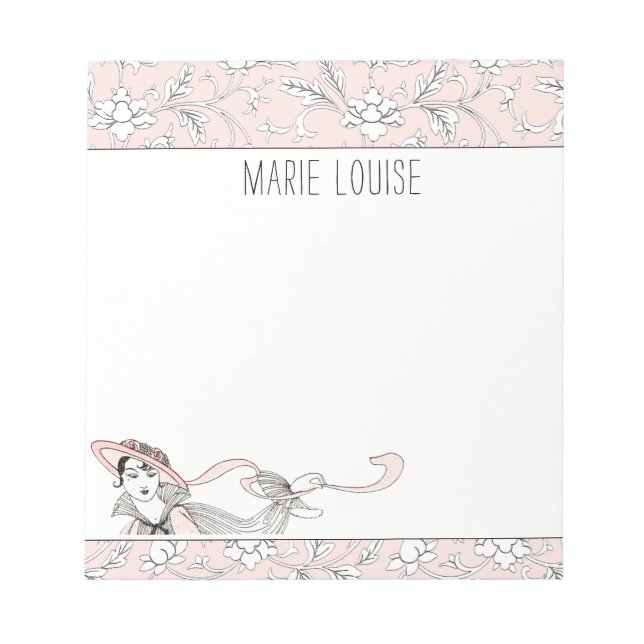 Personalised French Vintage Pink Floral Lady Notepad (Front)