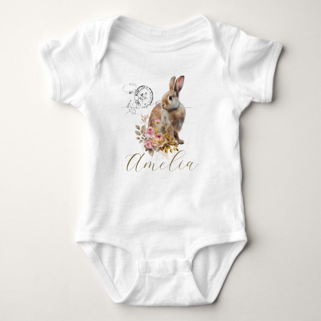 Personalised French vintage rabbit with roses Baby Bodysuit (Front)