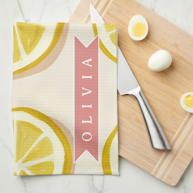 Personalised Fresh Lemon Slice Pattern Bright Tea Towel (Quarter Fold)
