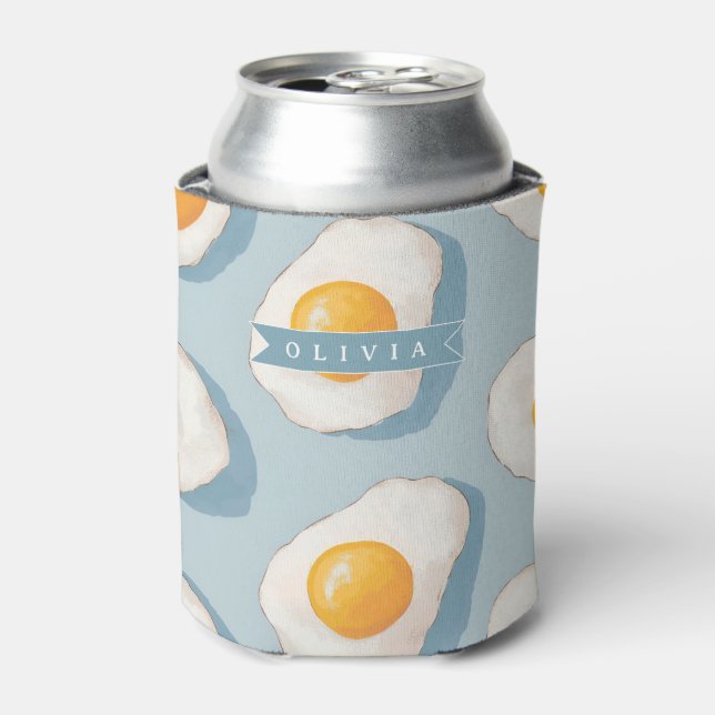 Personalised Fried Egg Pattern Fun Blue Funny Can Cooler (Can Front)