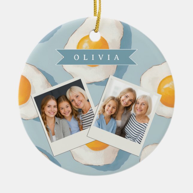 Personalised Fried Egg Pattern Fun Blue Funny  Ceramic Tree Decoration (Front)