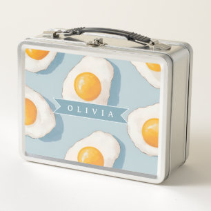 Personalised Fried Egg Pattern Fun Blue Funny Metal Lunch Box
