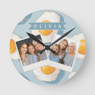 Personalised Fried Egg Pattern Fun Blue Funny Round Clock