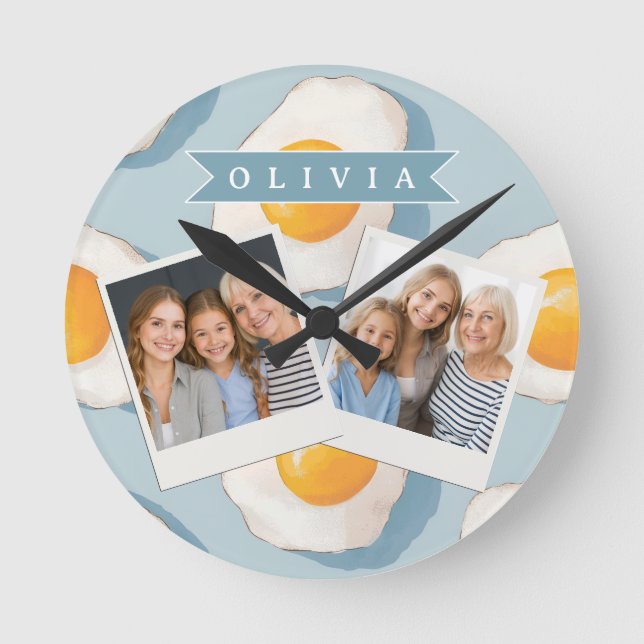 Personalised Fried Egg Pattern Fun Blue Funny Round Clock (Front)