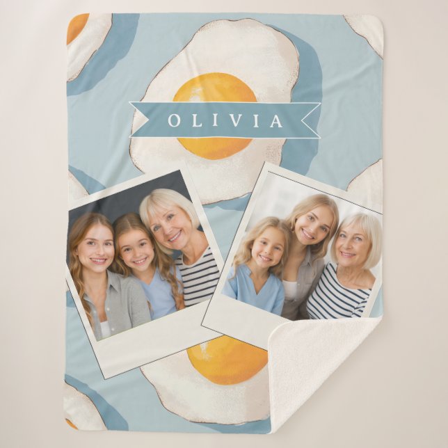 Personalised Fried Egg Pattern Fun Blue Funny Sherpa Blanket (Front)