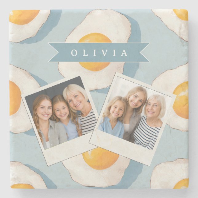 Personalised Fried Egg Pattern Fun Blue Funny Stone Coaster (Front)