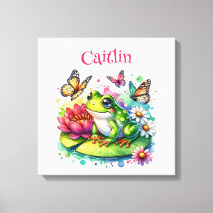 Personalised Frog, Flowers and Butterflies Canvas Print
