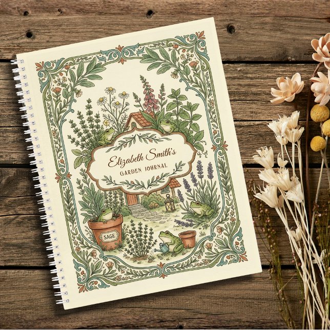 Personalised Frog Herb Cottage Garden Notebook  (Cute illustration frog herb garden journal with personalized name and label)