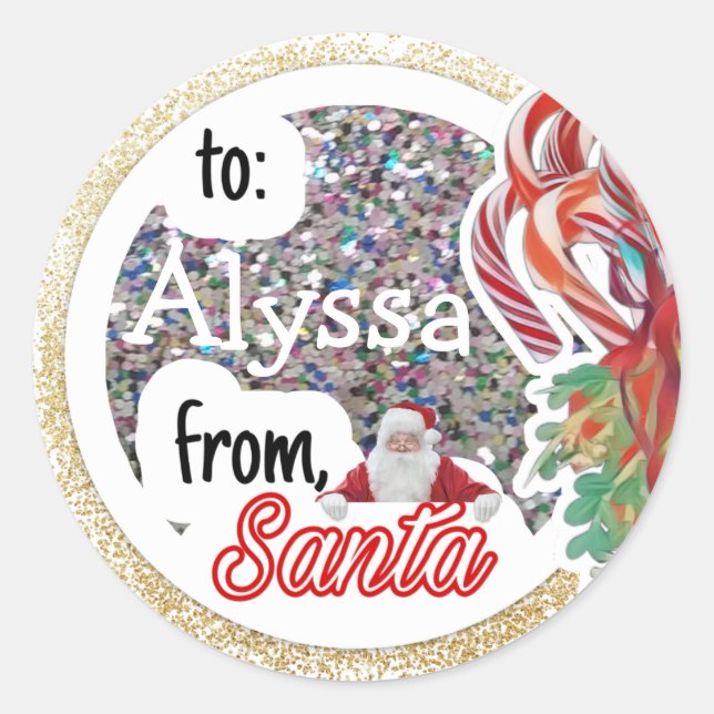 Personalised from Santa Glitter Christmas Classic Round Sticker (Front)