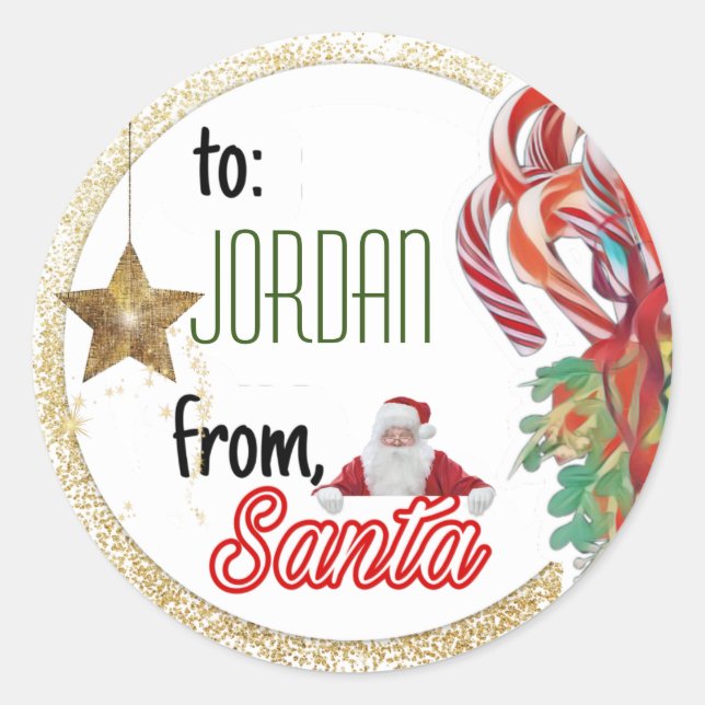 Personalised from Santa gold glitter Christmas Classic Round Sticker (Front)