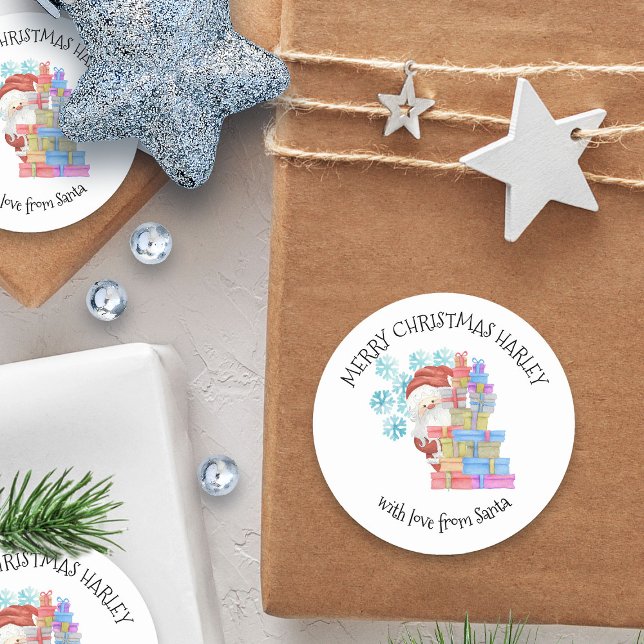 Personalised from Santa Kids Christmas Gift Classic Round Sticker (Merry Christmas sticker from Santa - personalized with child's name)