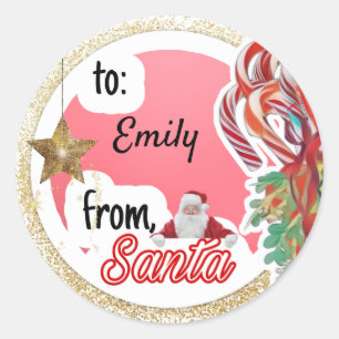 Personalised from Santa pink gold star Christmas Classic Round Sticker