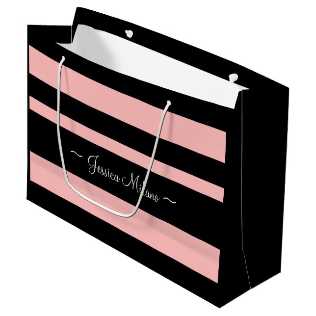 Personalised Front Back Pink and Black Paper Bag (Front Angled)