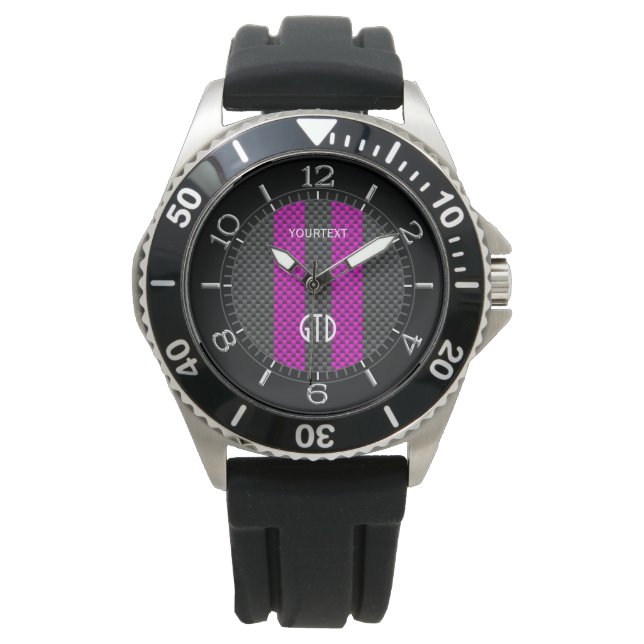 Personalised Fuchsia Racing Stripes Carbon Style Watch (Front)