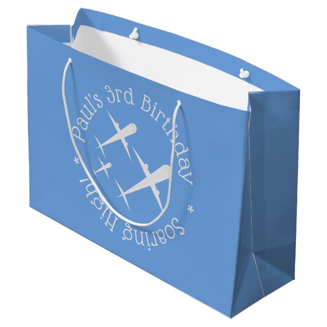 Personalised Fun Aeroplanes on Blue, Soaring High Large Gift Bag (Back Angled)