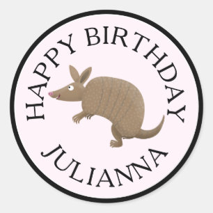 Personalised fun armadillo happy birthday cartoon classic round sticker