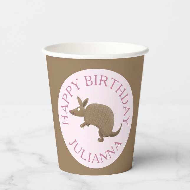 Personalised fun armadillo happy birthday cartoon paper cups (Back)