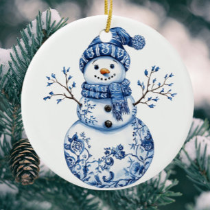 Personalised Fun Chinoiserie Blue White Snowman Ceramic Tree Decoration