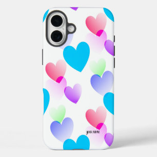 Personalised Fun, Colourful Gliding Hearts Pattern iPhone 16 Plus Case