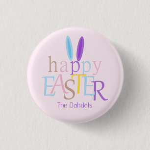 Personalised Fun Colourful Happy Easter Bunny Pink 3 Cm Round Badge