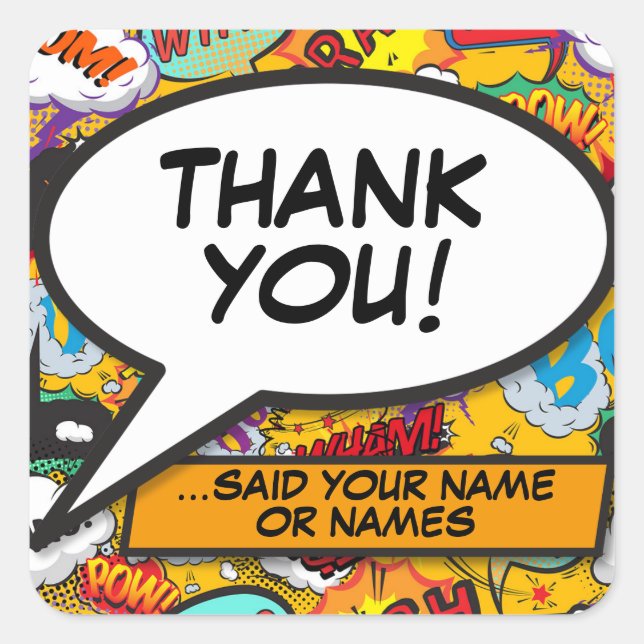 Personalised Fun Colourful Thank You Speech Bubble Square Sticker (Front)