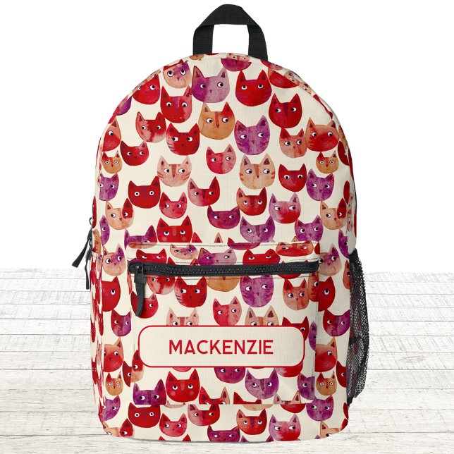 Personalised Fun Colourful Watercolor Cat Pattern Printed Backpack (Fun kitty cat pattern watercolor red orange purple personalized custom name backpack)