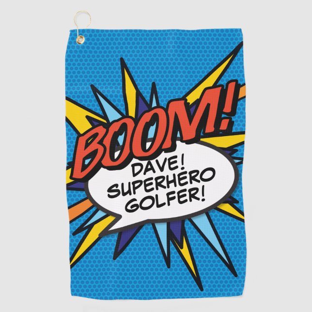 Personalised Fun Comic Book BOOM Golf Towel (Front)