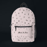Personalised Fun Elegant Mathematical Symbols Pink Printed Backpack<br><div class="desc">The design is a fun typography one of the mathematical symbols, including decimal digits; Arabic numerals; arithmetic operators; and various equality, comparison, algebra, infinity symbols. It is a fun design that makes a thoughtful gift for the math lovers, students and teachers! For special requests or questions, contact the artist at...</div>
