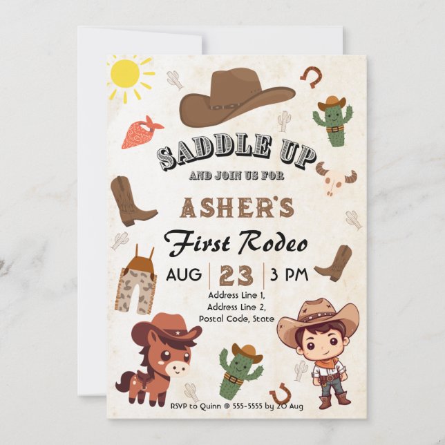 Personalised Fun Kawaii Cowboy Kids' Birthday Invitation (Front)
