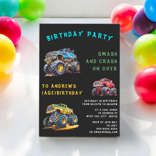 Personalised fun monster truck kids birthday invitation