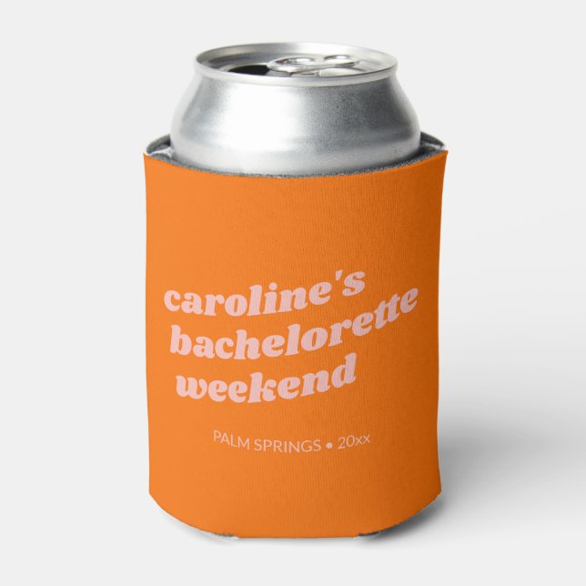 Personalised Fun Pink Orange Bachelorette Weekend Can Cooler (Can Front)