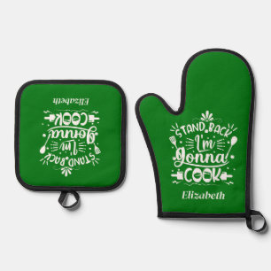 Personalised Fun Stand Back I Am Gonna Cook Green Oven Mitt & Pot Holder Set