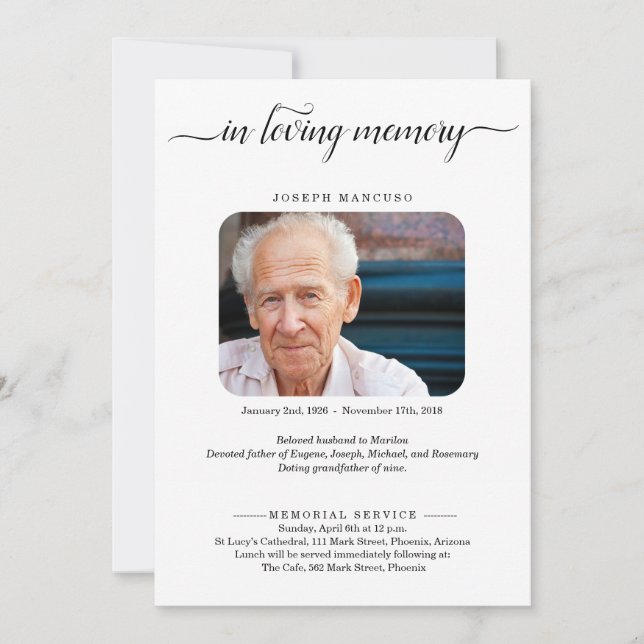 Personalised Funeral Announcement with Photo (Front)