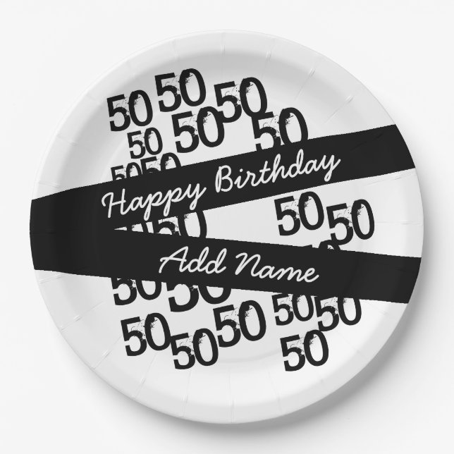 Personalised Funky Black White 50th Birthday Paper Plate (Front)