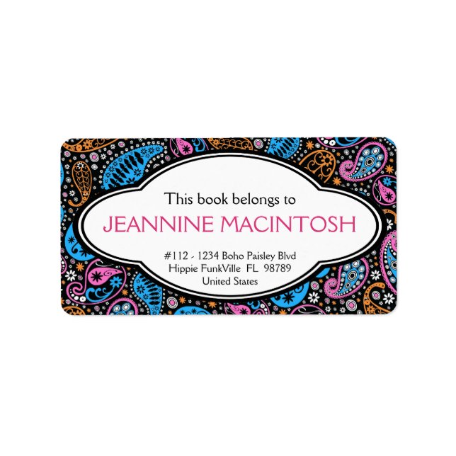 Personalised Funky Paisley Patterned Bookplate Label (Front)