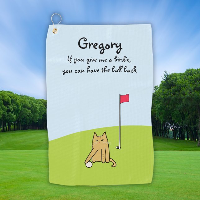 Personalised Funny Cartoon Cat Golf Joke Towel (Creator Uploaded)