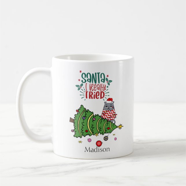 Personalised Funny Cat Tried Christmas Mug (Left)