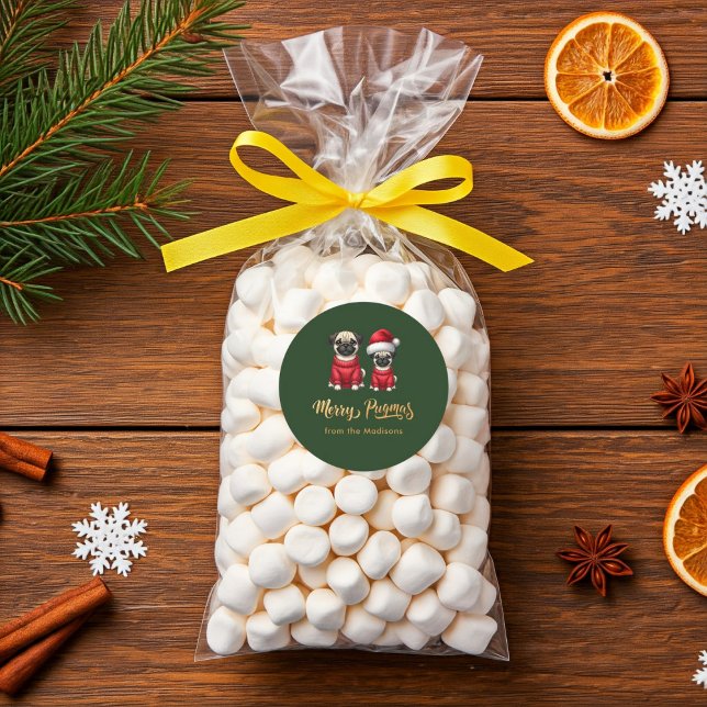 Personalised Funny Christmas Holiday Merry Pugmas Classic Round Sticker (Personalized Cute Funny Christmas Holiday Merry Pugmas Packaging Idea Green Sticker)