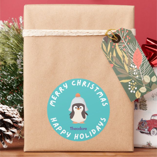 Personalised Funny Christmas Holiday Penguin Blue Classic Round Sticker (Holiday)