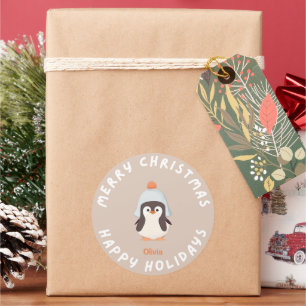 Personalised Funny Christmas Holiday Penguin Pink Classic Round Sticker