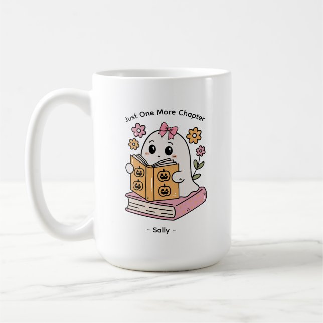 Personalised Funny Cute Halloween Book Lover Ghost Coffee Mug (Left)