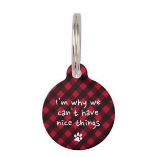 Personalised Funny Dog Puppy Red Black Plaid Pet Tag